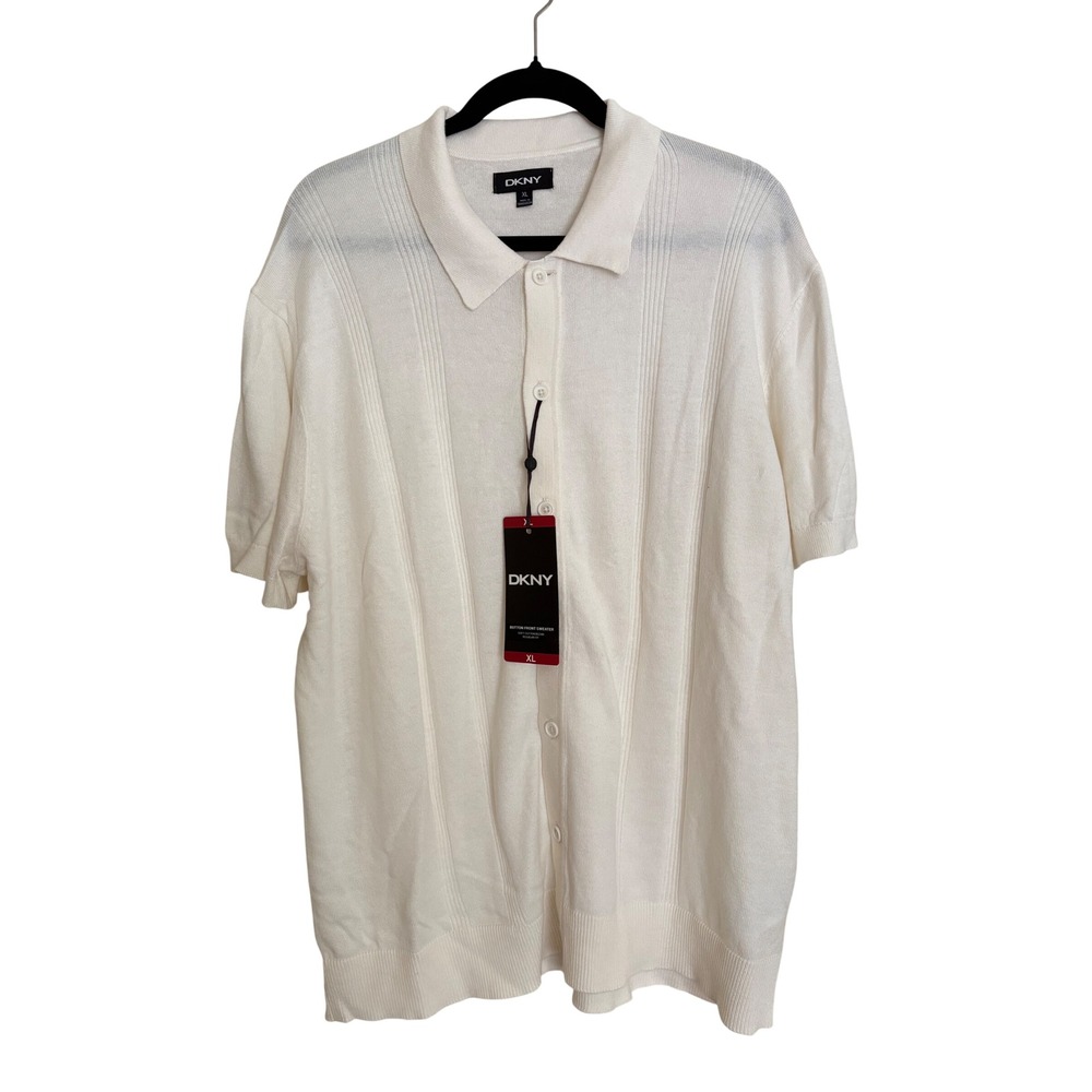 DKNY Mens Button Front Sweater Polo Shirt Cream Ribbed Cotton Blend XL NEW